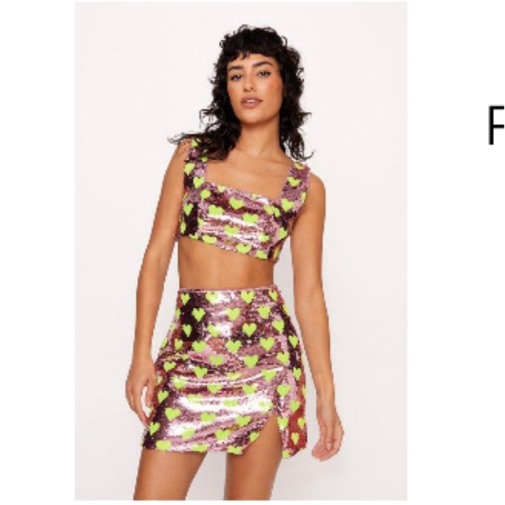 NastyGal Sequin Heart Crop Top Pink Rose Gold and Green